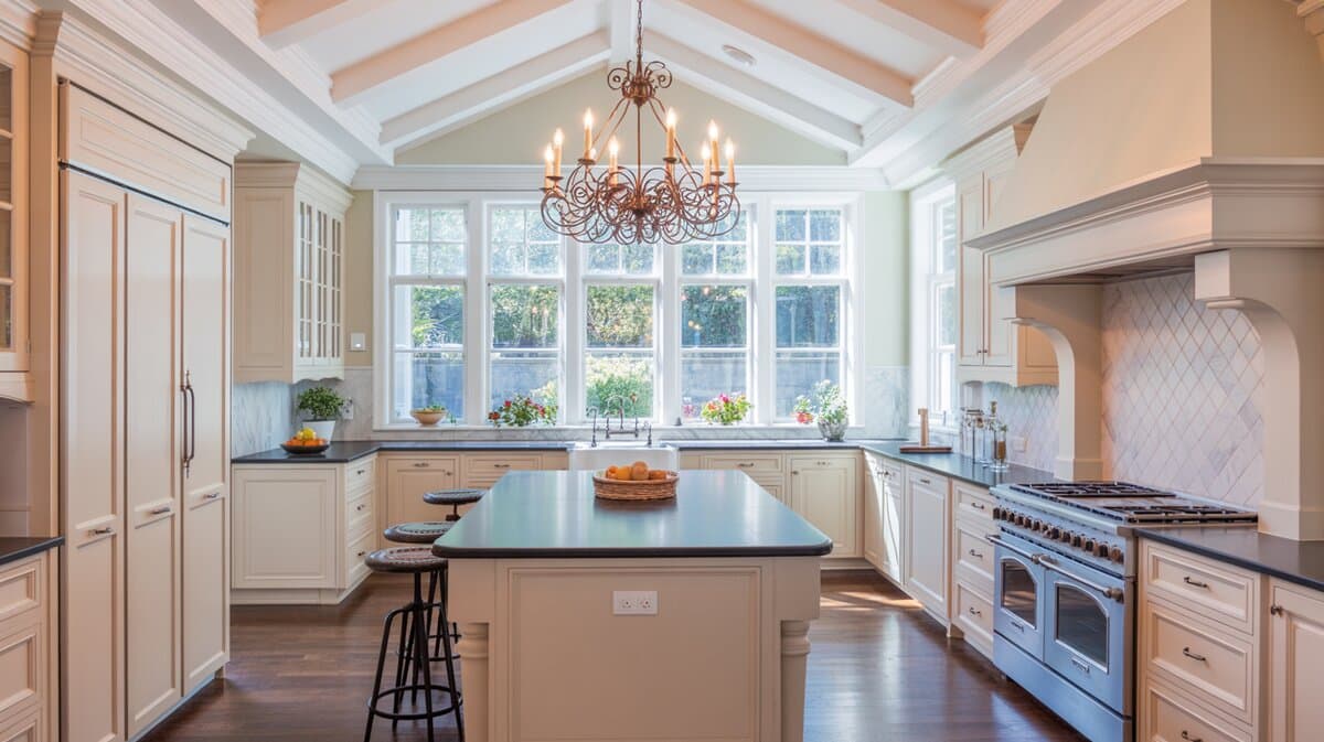 Traditional white kitchen with black soapstone island under ornate wrought iron chandelier