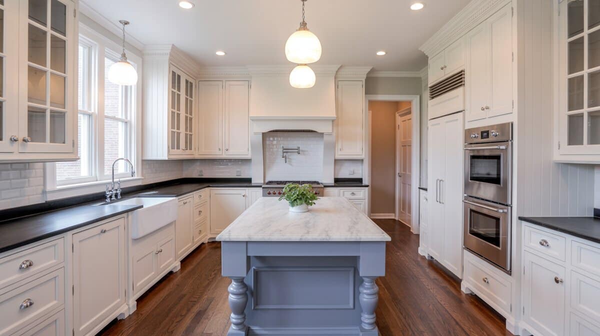Traditional white kitchen with black soapstone perimeter counters and gray-blue island