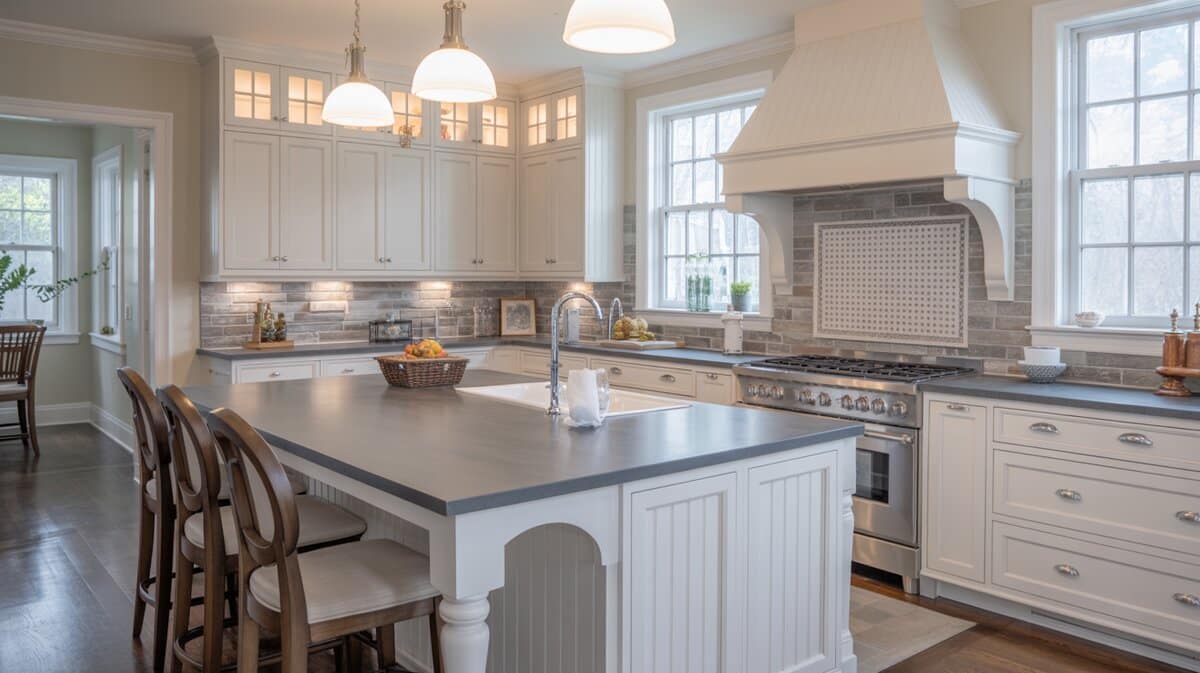 Traditional white kitchen with two-tiered gray soapstone peninsula and raised breakfast bar seating