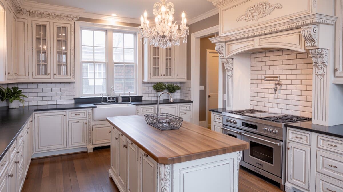 Traditional ornate white kitchen with black soapstone perimeter and butcher block island