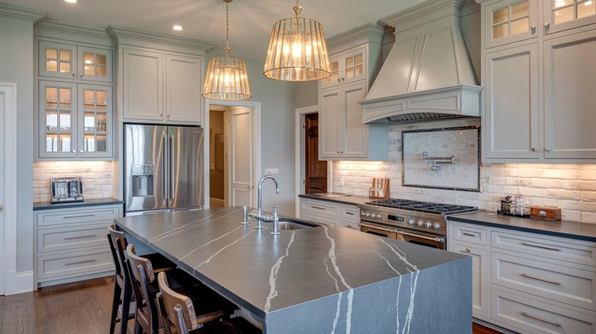 Transitional gray kitchen with dramatic white-veined gray soapstone island and matching backsplash