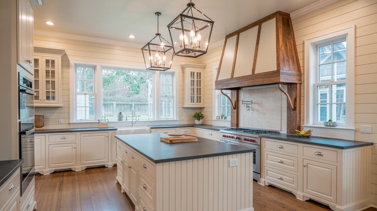 Transitional kitchen with dark soapstone countertops and rustic wood range hood surround