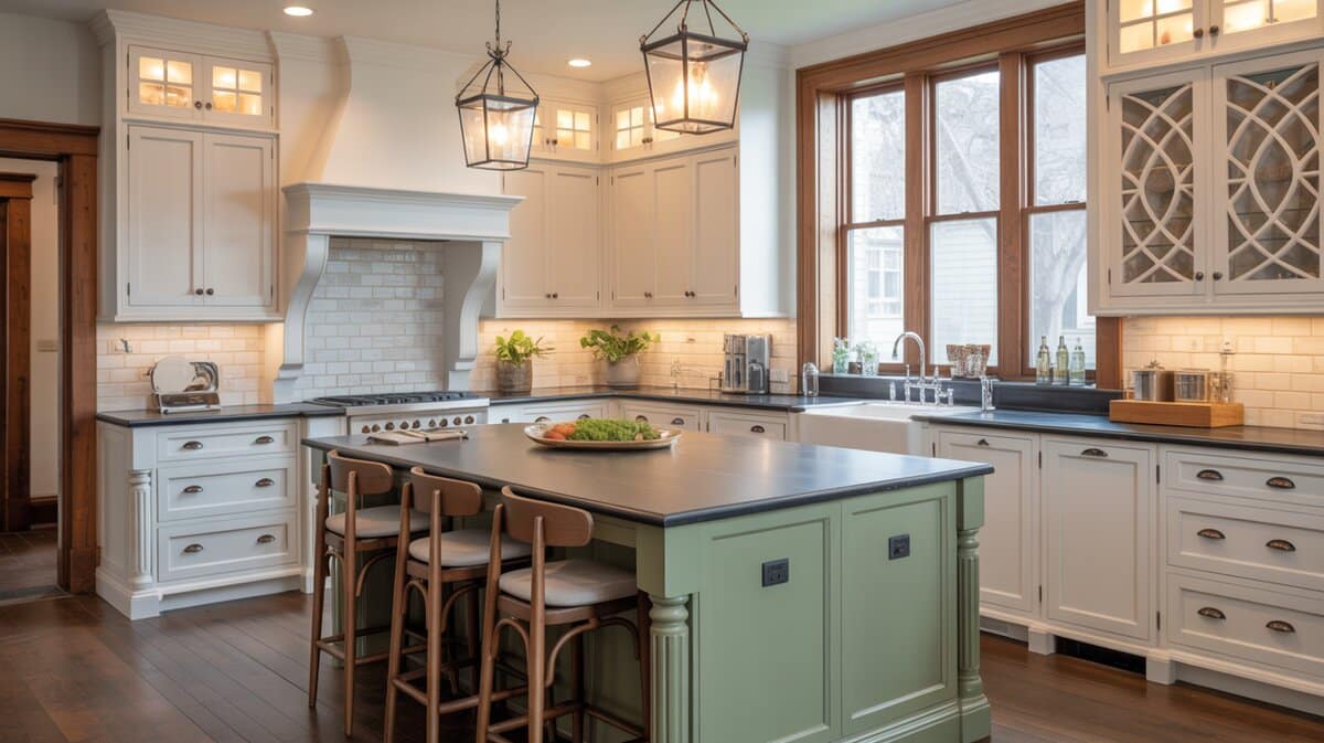 Sage green kitchen island with bold black soapstone countertop and glass lantern pendant lights