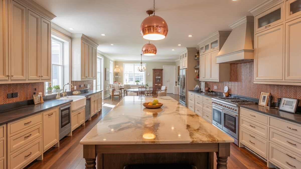 Open-plan kitchen with warm beige quartzite island and dark soapstone perimeter counters