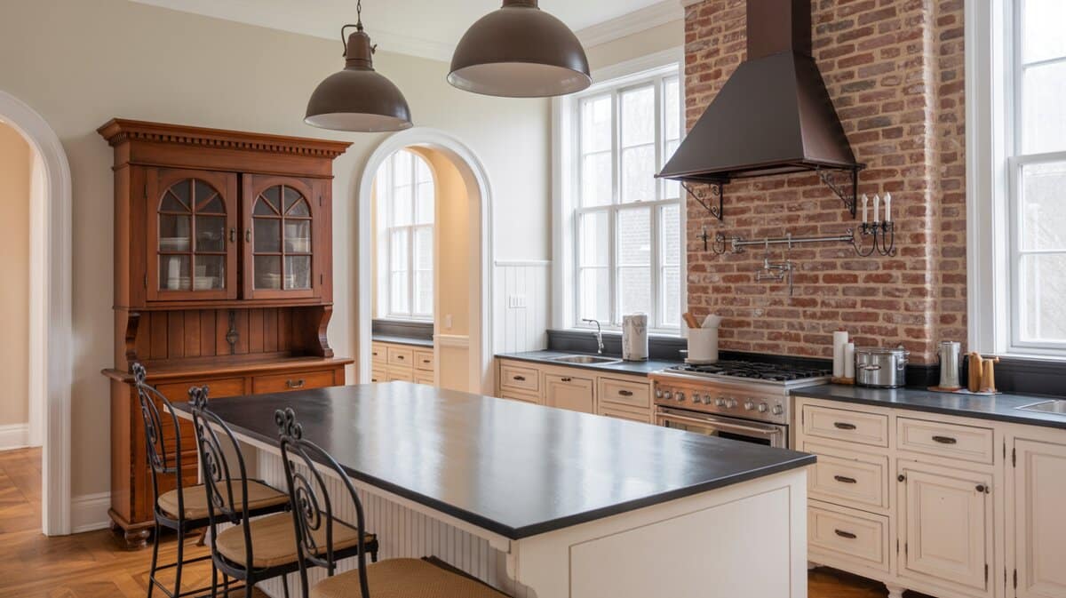 Vintage white kitchen with black soapstone island beside dramatic exposed brick chimney column