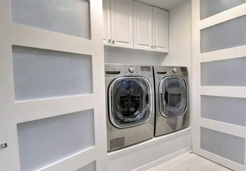 Washer dryer in closet behind modern interior doors