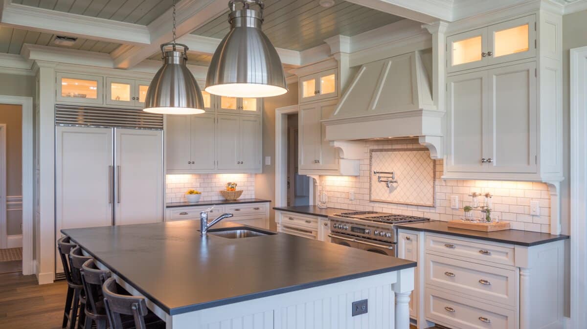 White kitchen with black soapstone island under large stainless cone pendant lights