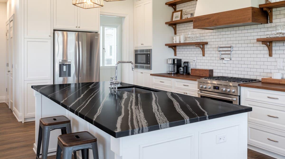 Black soapstone island with bold white streak veining and floating rustic wood shelves