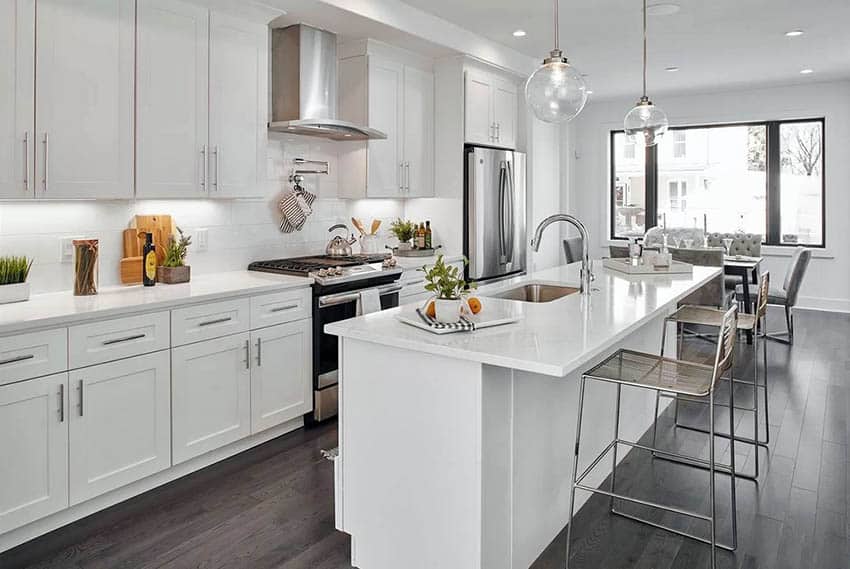 White kitchen with shaker style cabinets and stainless steel hinges 