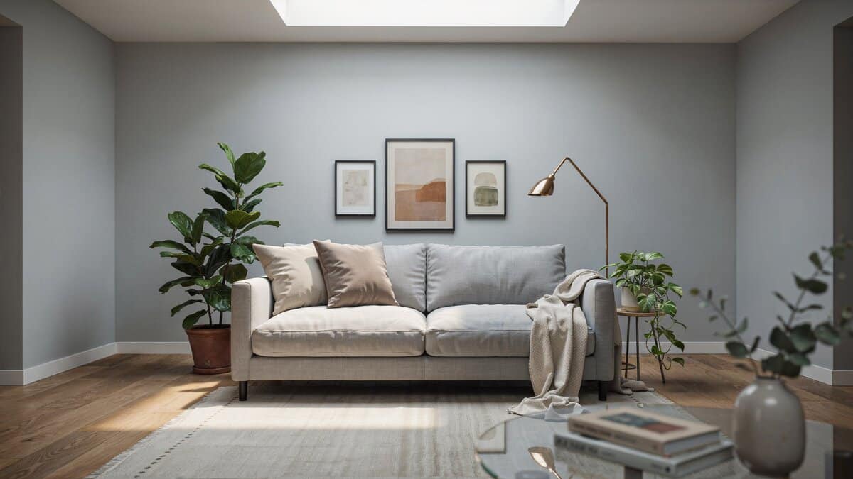 Gray accent wall living room with three framed prints above a light sofa
