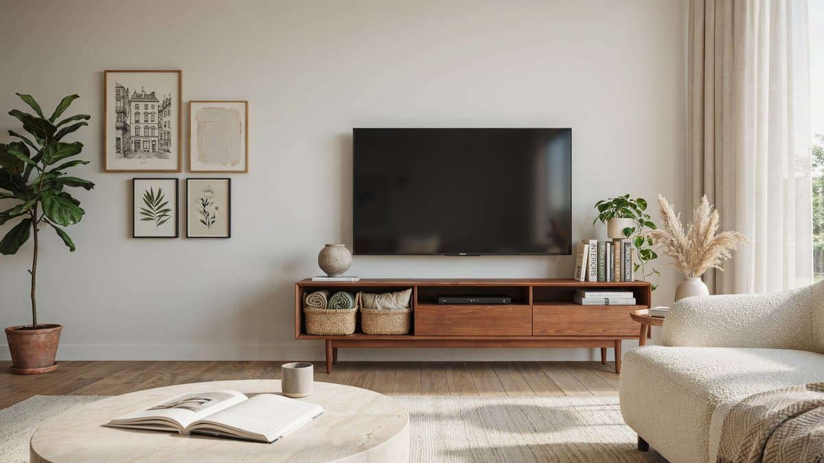 Wood TV console below framed gallery wall with plants and woven baskets