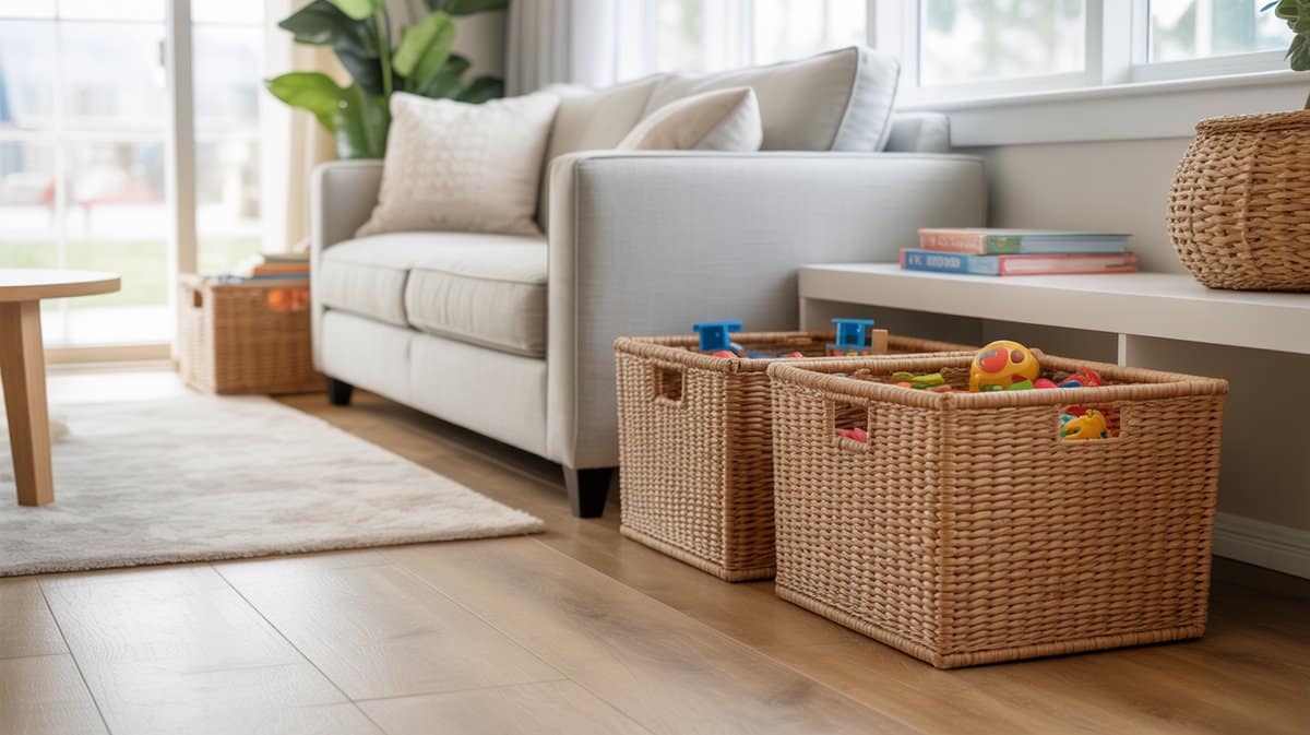 Two woven seagrass bins hold toys beside a pale gray living room sofa