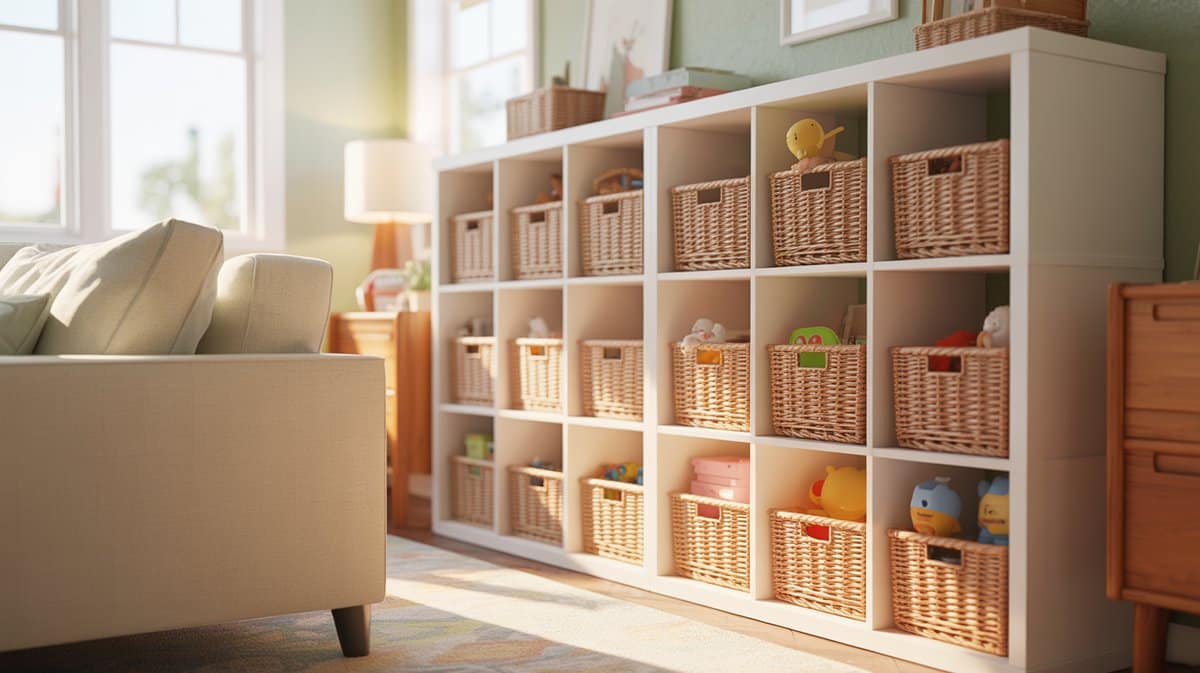 Light wood cubby unit filled with fabric bins and toys by a sofa