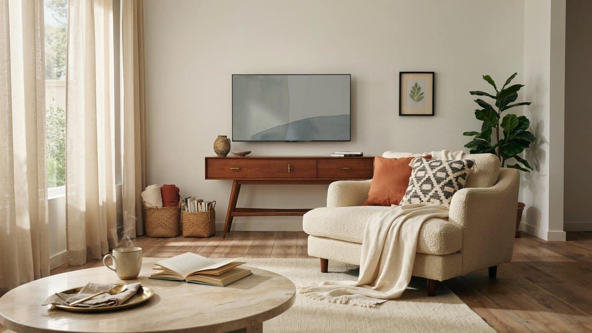 Mid century walnut TV console beside a cozy armchair and round wood table