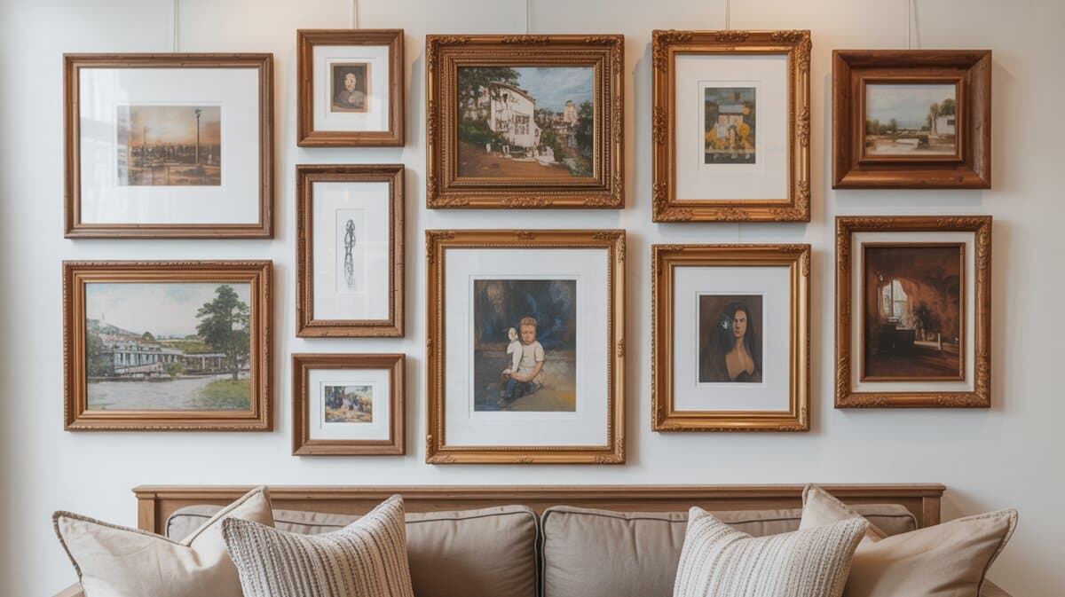 Salon style gallery wall of gold framed paintings above a tan couch