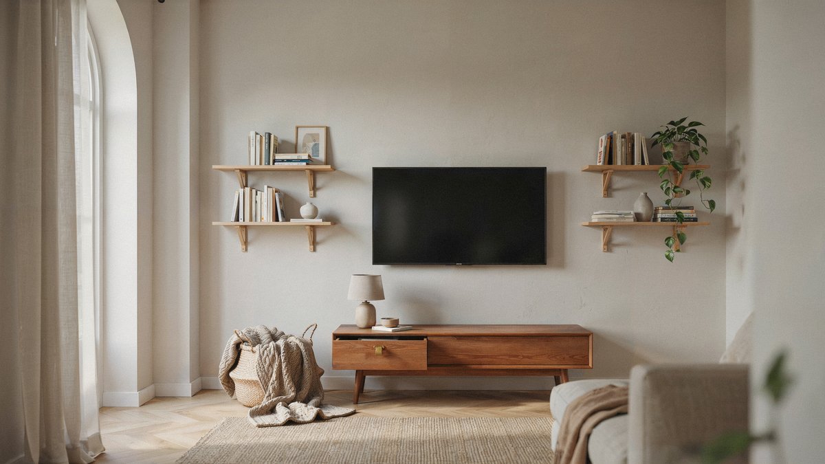 Twin floating shelves flank a wall television above a walnut console