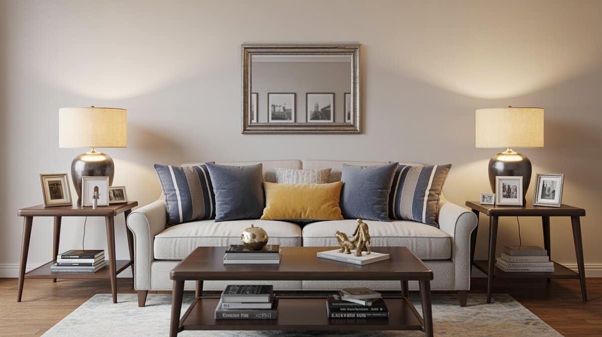 Sofa flanked by matching brass lamps and end tables beneath a wall mirror