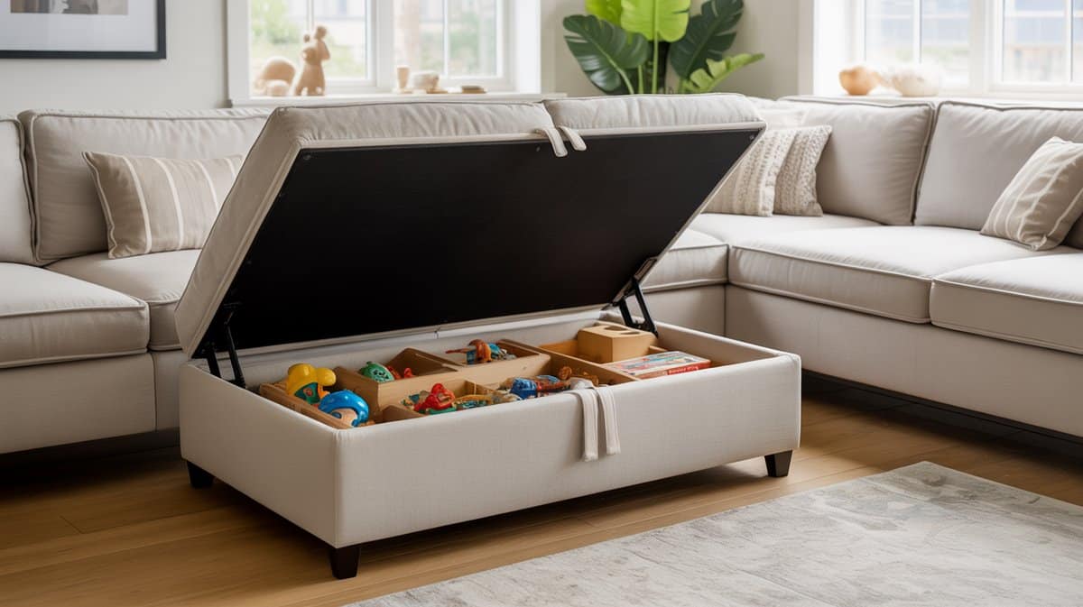 Cream storage ottoman opened to reveal toys between two sectional sofa sections