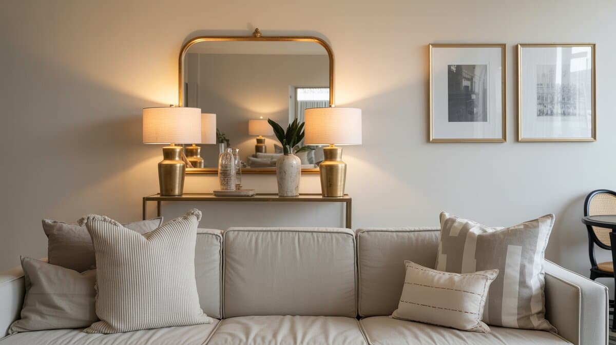 Arched gold mirror and brass lamps on a console behind a cream sofa