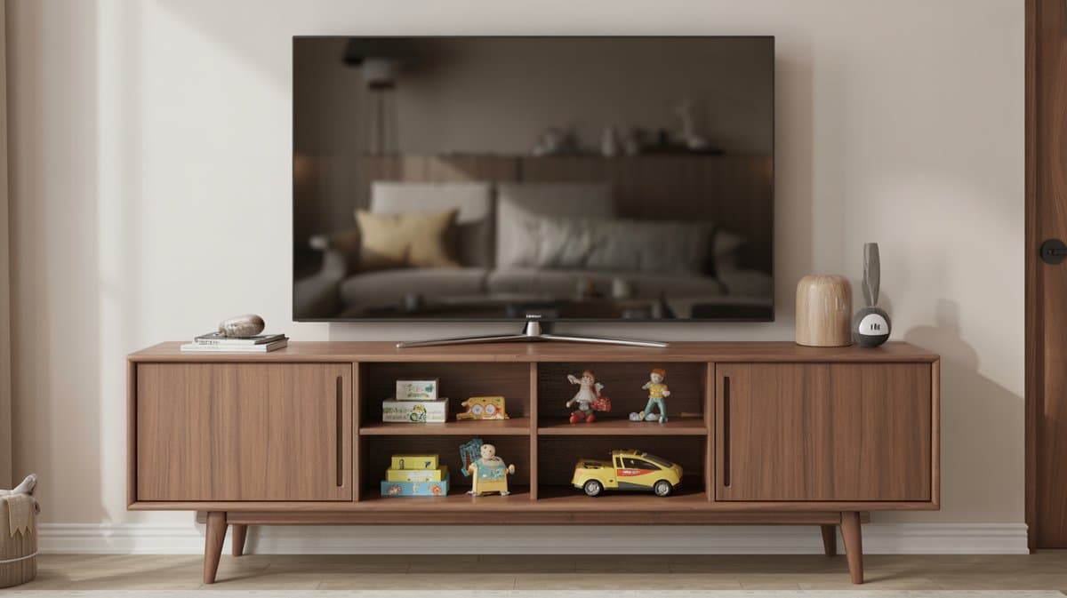 Walnut mid century credenza under a wall TV holding small toy cars