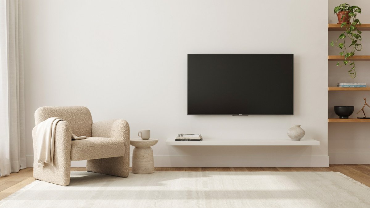 White floating TV shelf on a bright wall with sculptural boucle accent chair