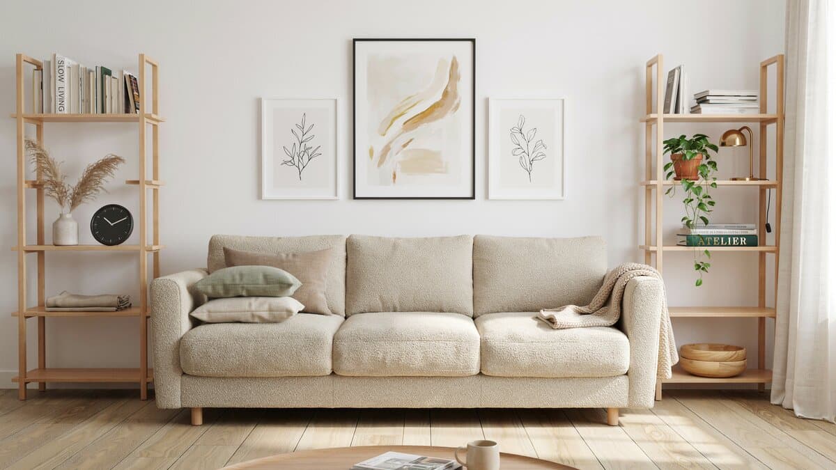 Matching wood shelf racks beside a boucle sofa with framed botanical art