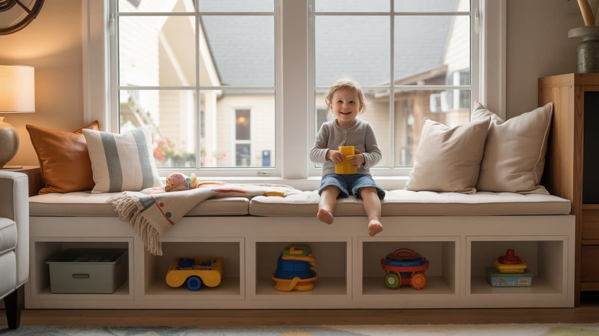 Young child sits on a window bench with cubbies of toys below