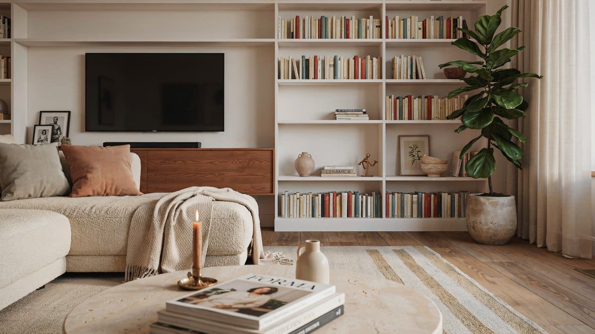 Color coordinated books fill white bookshelves flanking a wall mounted television