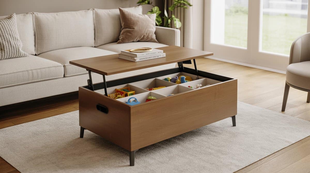 Wood lift top coffee table raised to show divided toy storage inside