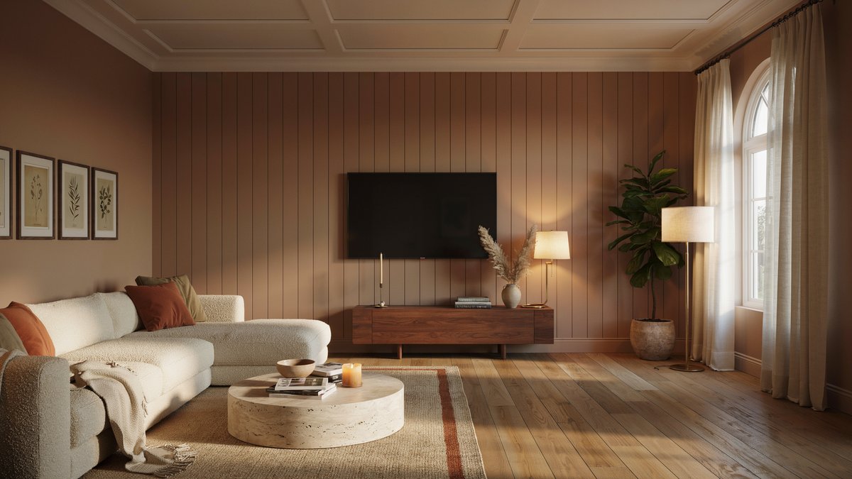 Earth tone paneled wall backs a television beneath a coffered box ceiling