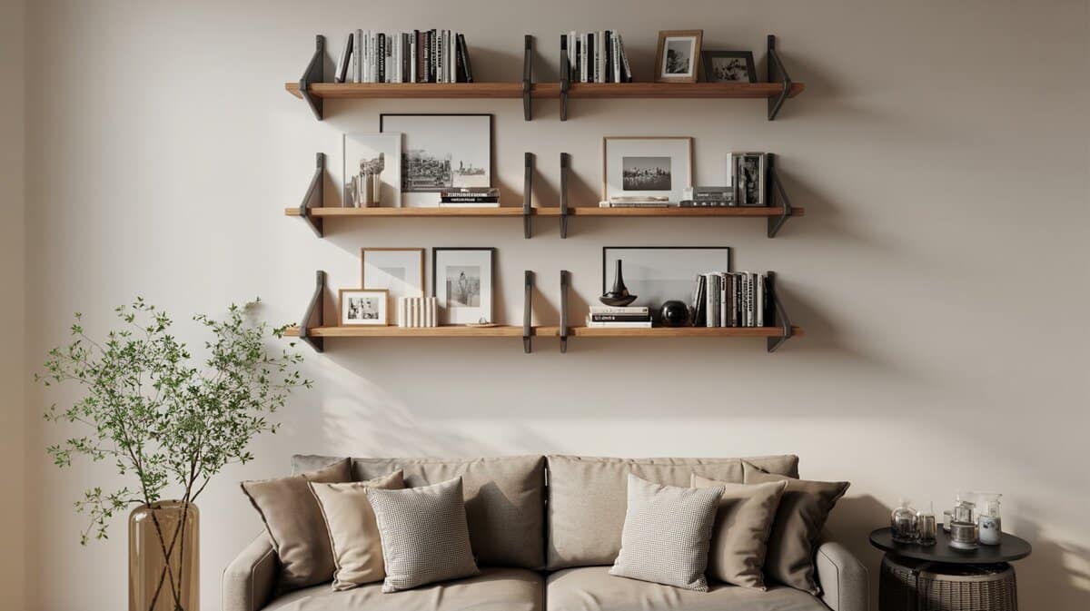 Three bracketed wood shelves above a taupe sofa lined with books and photos