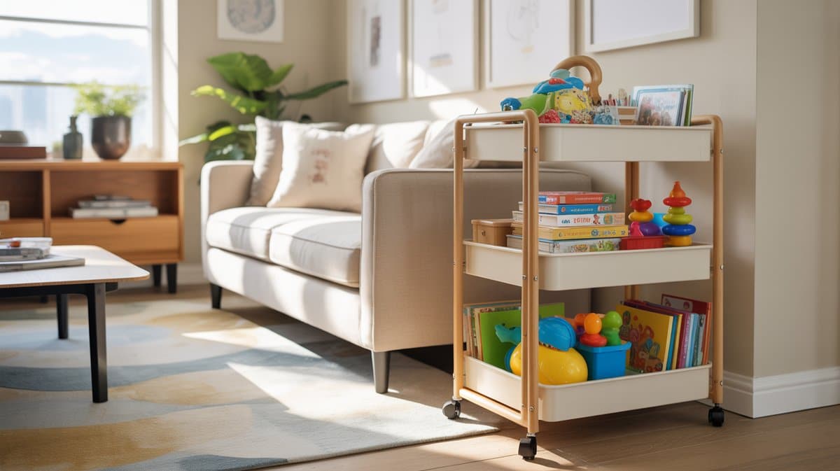 Three tier rolling cart of toys and books beside a beige sofa