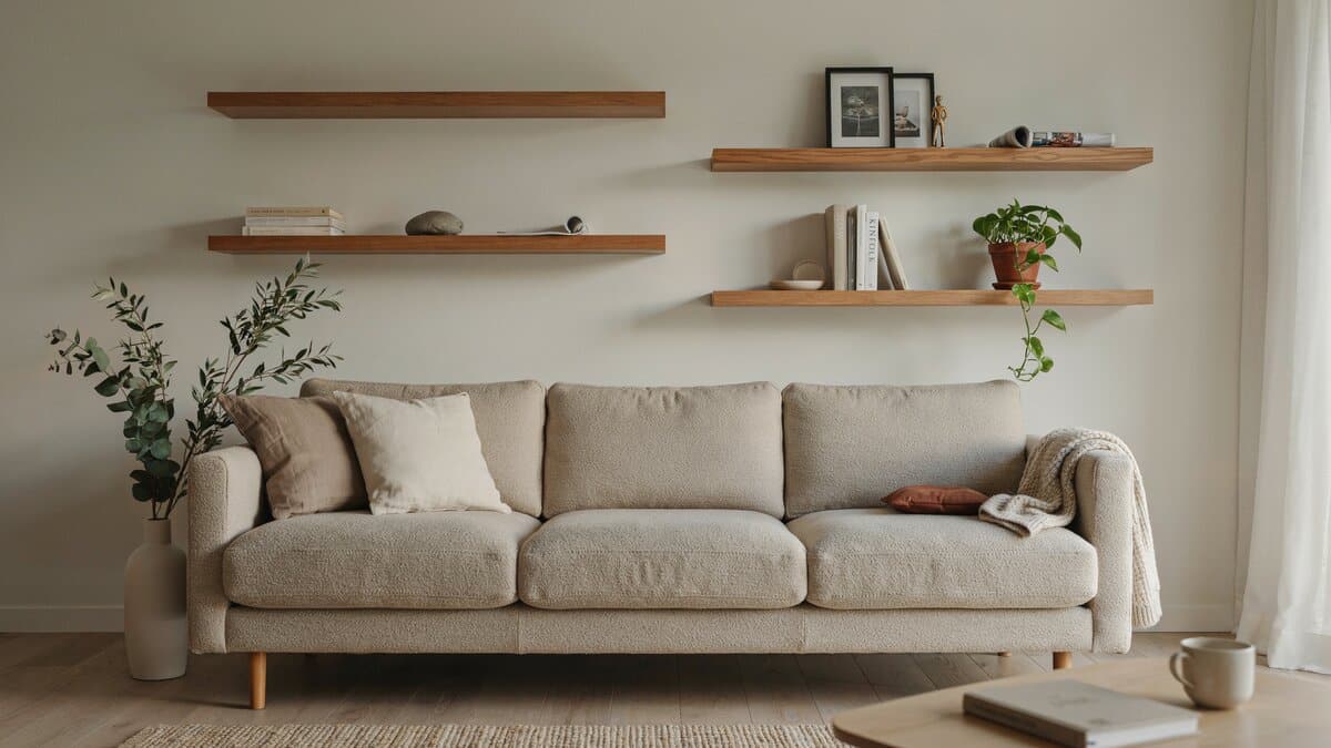 Two long wood ledges above a linen sofa with framed black and white photos