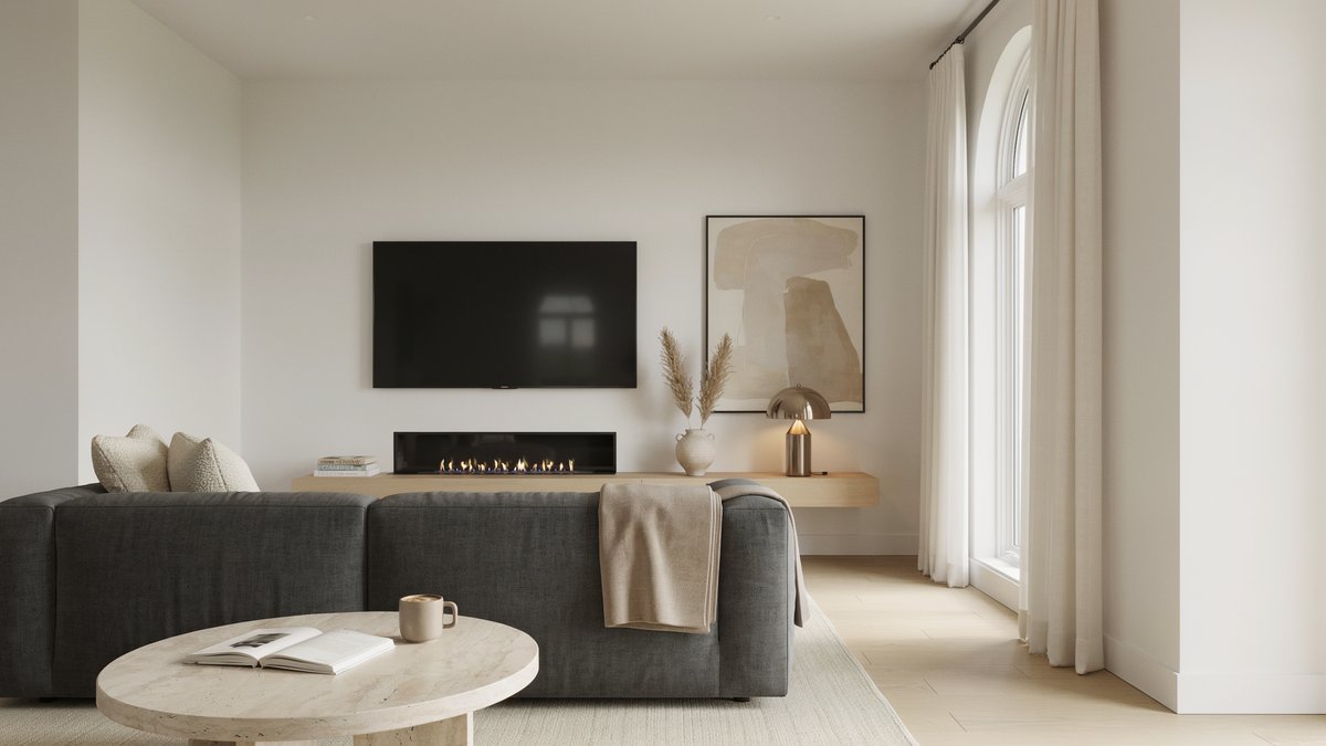 Minimalist flat screen above a linear gas fireplace with dark sectional sofa