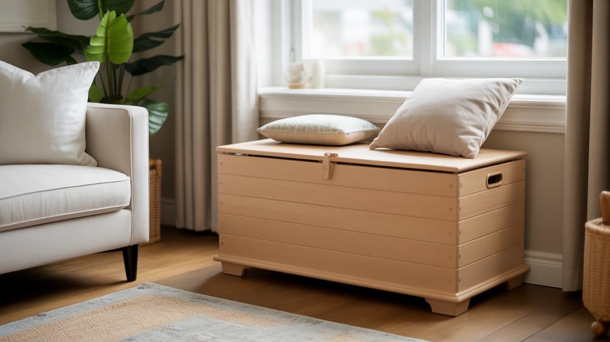 Pale wood lidded toy chest doubles as a cushioned window bench