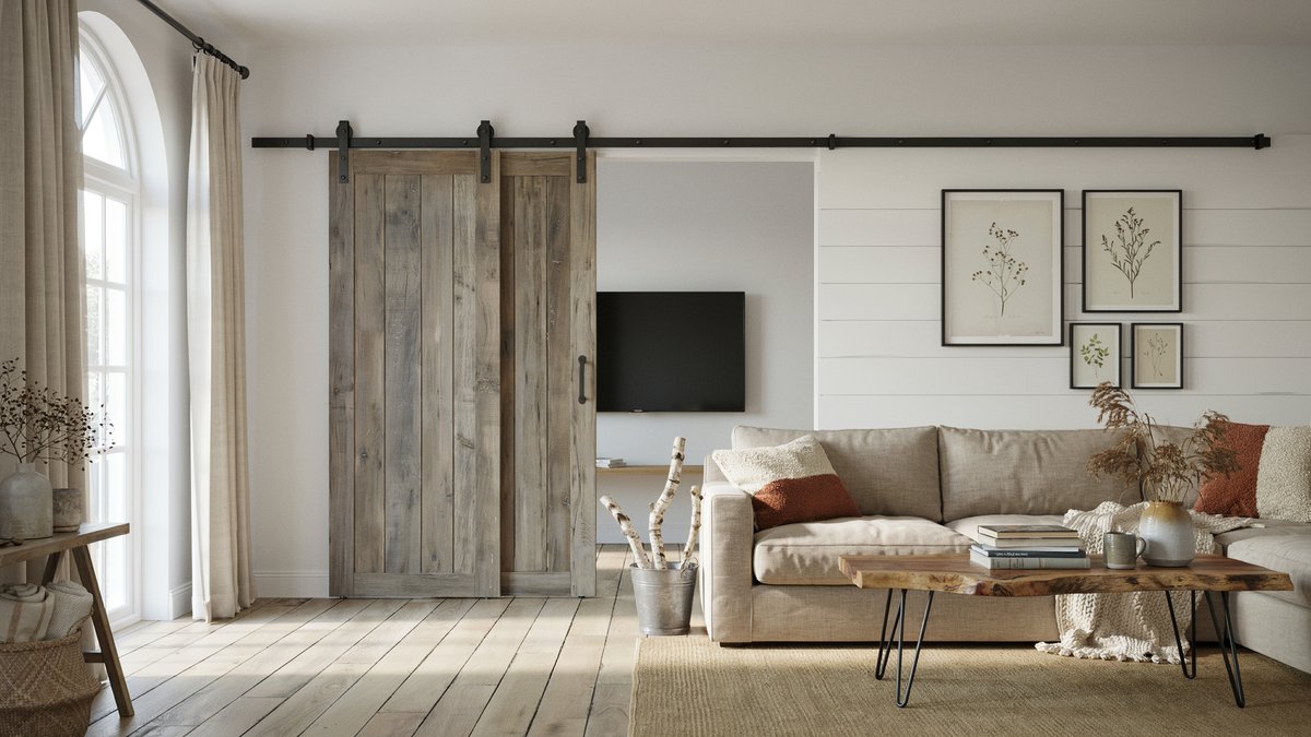 Sliding barn door partially concealing a wall television in a farmhouse living room