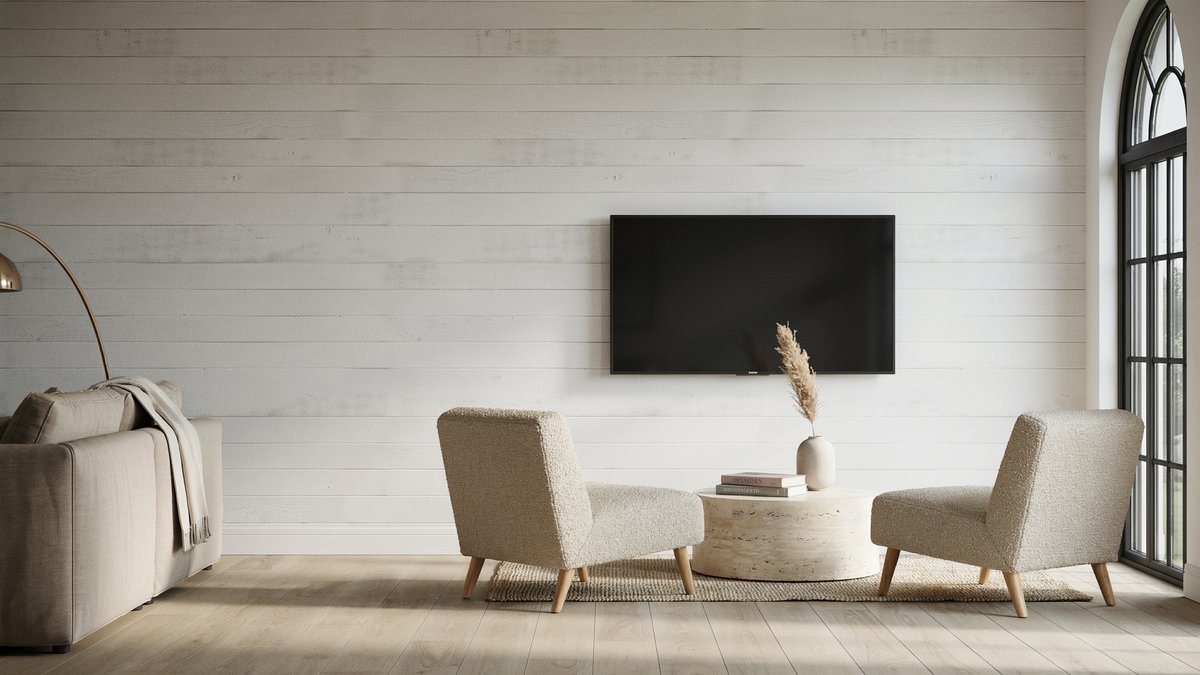 Hanging TV on whitewashed shiplap wall above two armless boucle chairs
