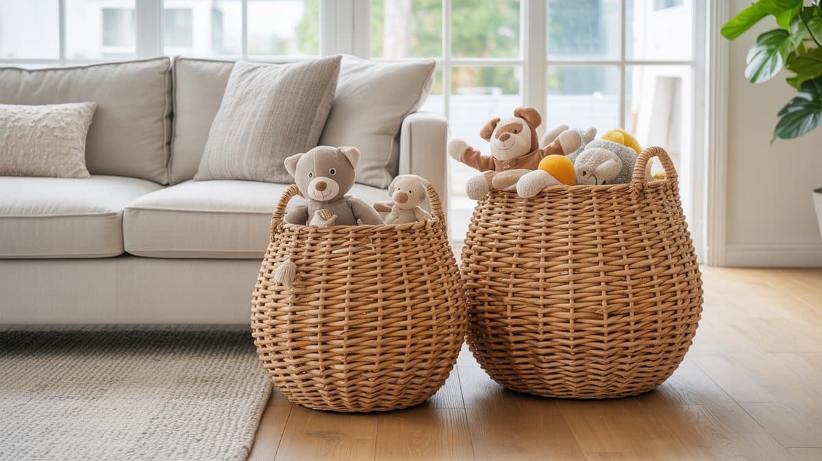 Tall woven belly baskets of toys sit on wood floor by a sofa