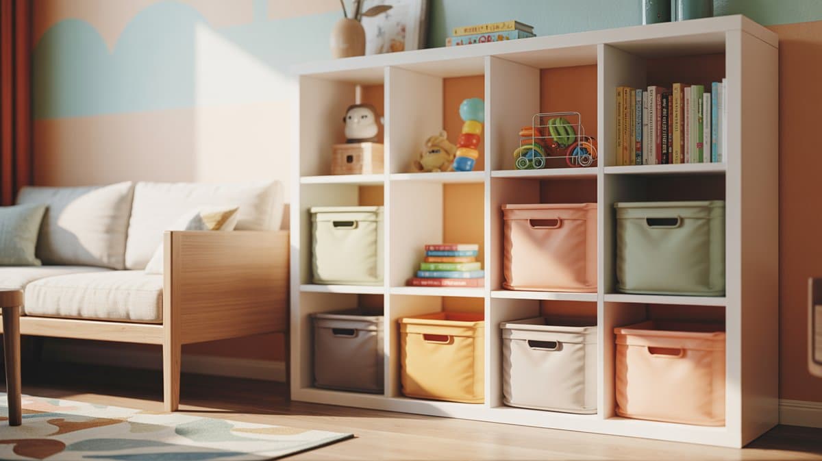 White cube shelf with colorful fabric bins and toys near a daybed