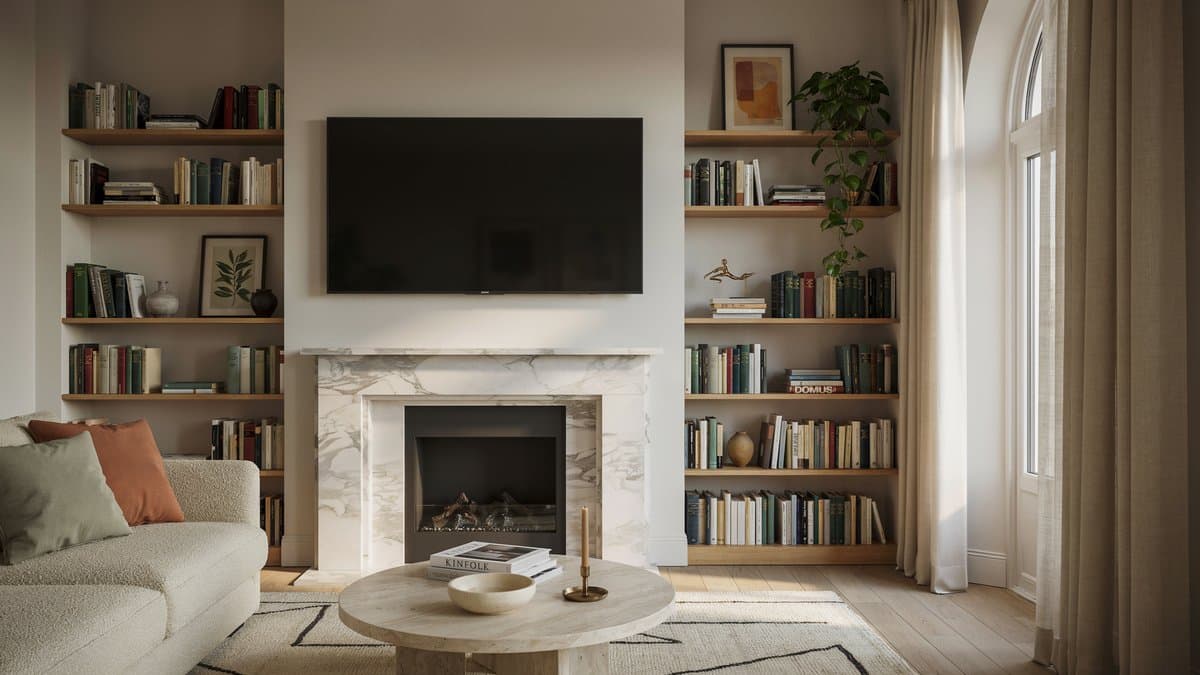 Marble fireplace mantel holds a television between built in wood bookshelves