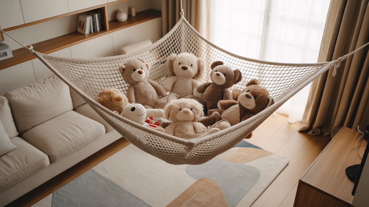 Mesh corner hammock holds a pile of plush animals above a sofa