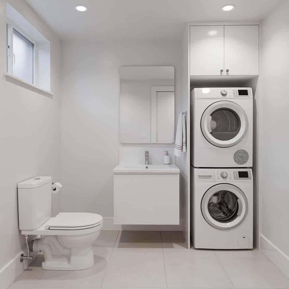 Basement bathroom with stackable washer-dryer unit in a dedicated laundry nook