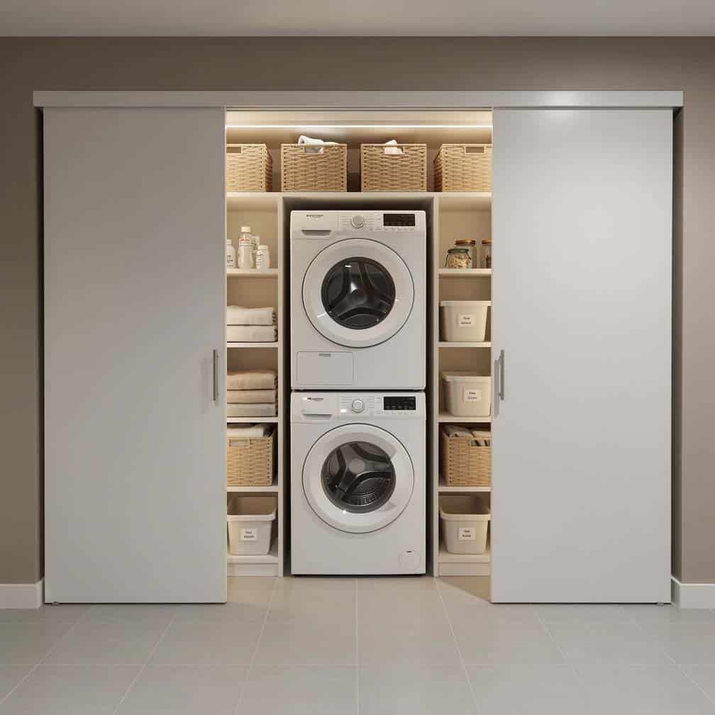 Basement laundry tucked in a closet behind modern white panel doors
