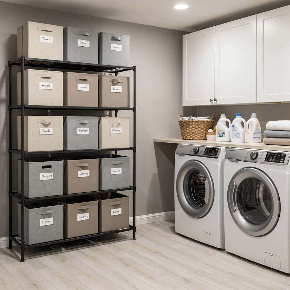 Basement laundry room with fabric storage bins on metal shelving units