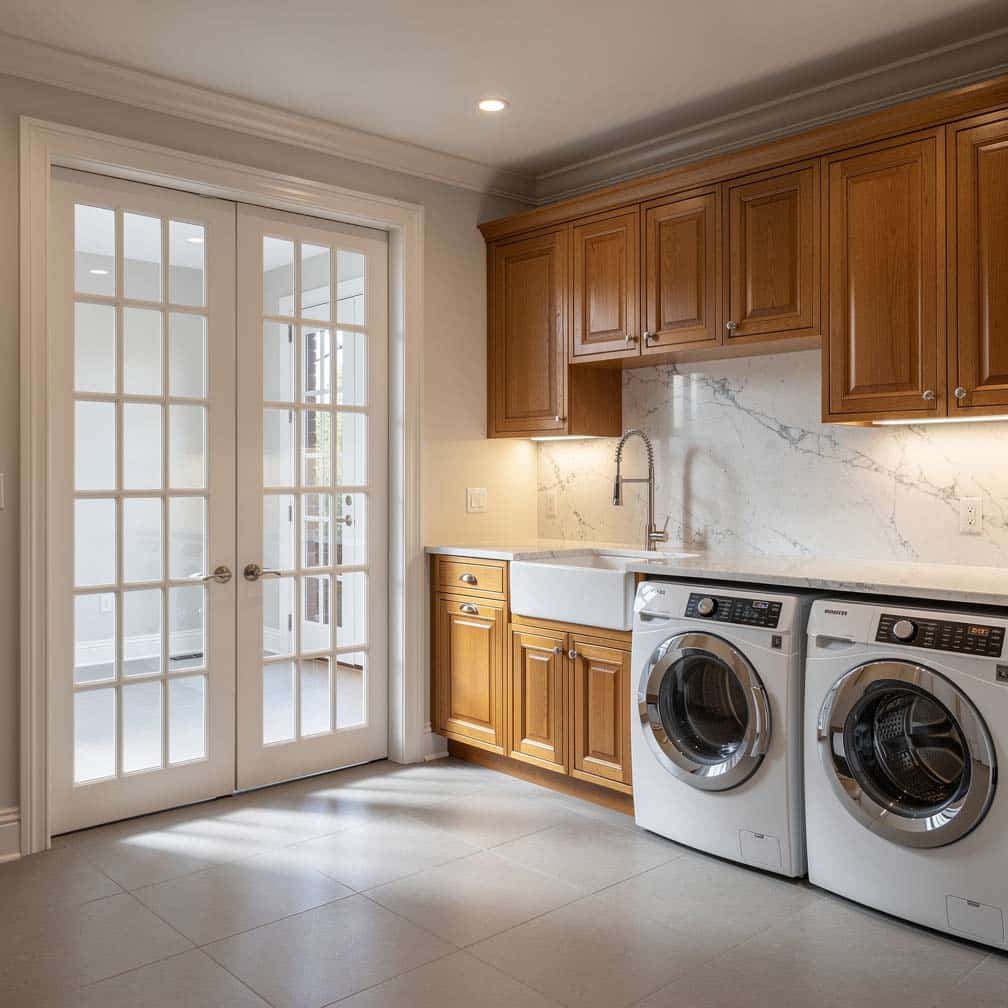 Elegant basement laundry room with French glass panel doors and warm wood cabinetry