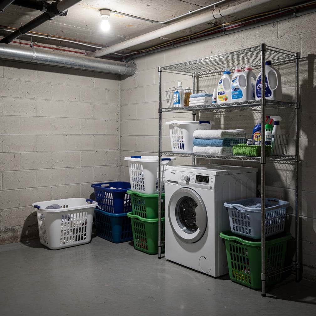 Basement laundry with freestanding metal rack and colorful plastic laundry baskets