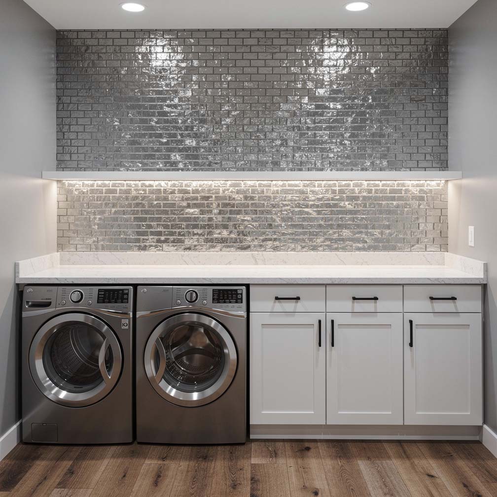 Basement laundry backsplash with metallic mini brick mosaic tiles in silver tones