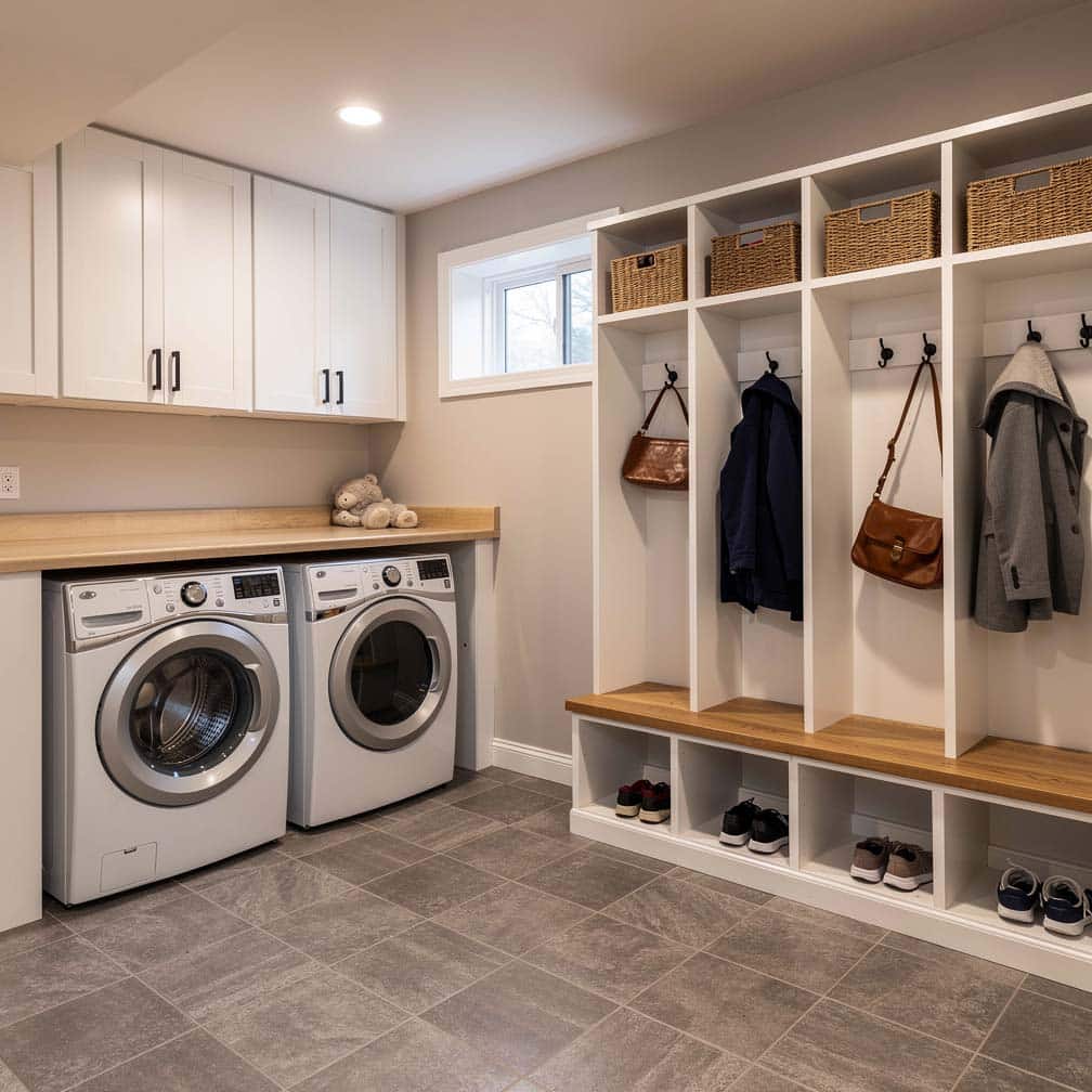 Combined basement laundry and mudroom with built-in cubbies, bench, and coat hooks