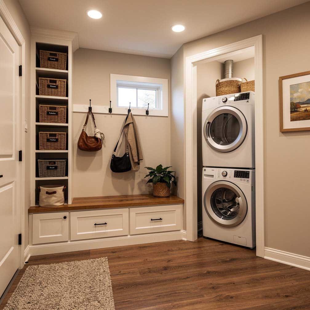 Basement laundry mudroom with built-in vertical storage, bench, and wall hooks
