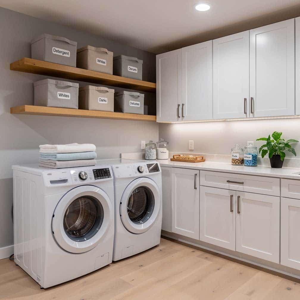 Basement laundry corner with open shelves and labeled fabric storage bins